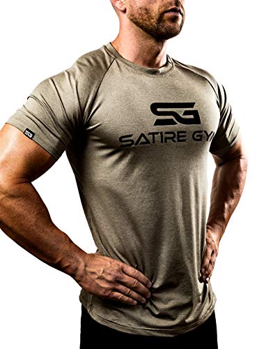 Satire Gym Camiseta de Fitness para Hombre - Ropa Deportiva Funcional - Adecuada para Workout, Entrenamiento - Slim fit (Color Caqui Moteado, XXL)