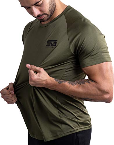 Satire Gym Camiseta Deportiva Hombre - Fitness Ropa Deportiva Transpirable - Adecuada para Workout, Entrenamiento - Muscle Fit (Verde Oliva, L)