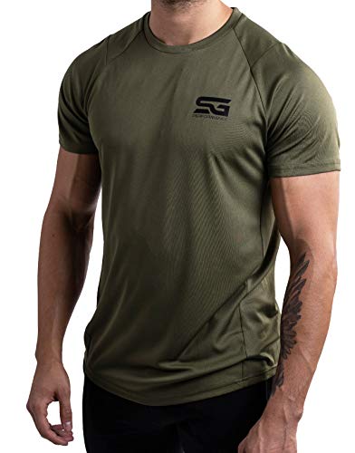 Satire Gym Camiseta Deportiva Hombre - Fitness Ropa Deportiva Transpirable - Adecuada para Workout, Entrenamiento - Muscle Fit (Verde Oliva, L)