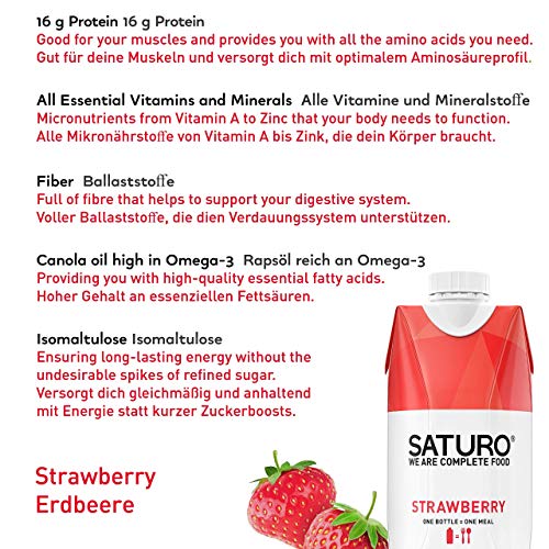 Saturo Fresa - Batido Sustituto Alimenticio | Comida Saciante, Sana y Vegana | Perfecto para Nutrición en el Deporte - Control de calorías | Pack de 8 x 330ml