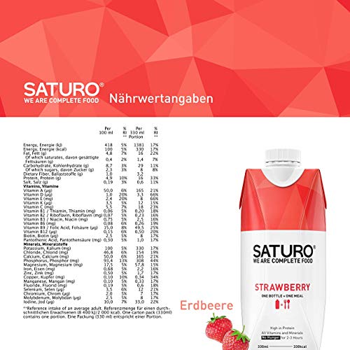 Saturo Fresa - Batido Sustituto Alimenticio | Comida Saciante, Sana y Vegana | Perfecto para Nutrición en el Deporte - Control de calorías | Pack de 8 x 330ml