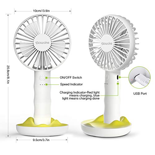 SAWAKE Mini Ventilador de Mano 2600mAh, Ventilador Portátil Recargable con Carga USB y Base, Hand Fan Personal con 3 Velocidades Ajustable de 3-10H para Oficina Hogar Exterior Viaje Acampada(Blanco)