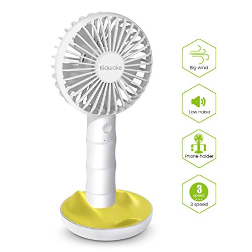 SAWAKE Mini Ventilador de Mano 2600mAh, Ventilador Portátil Recargable con Carga USB y Base, Hand Fan Personal con 3 Velocidades Ajustable de 3-10H para Oficina Hogar Exterior Viaje Acampada(Blanco)