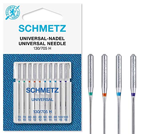 SCHMETZ - Agujas para máquina de coser universales (regular), varios tamaños 70/10, 80/12, 90/14 y 100/16, paquete de 10 SCHMETZ - Agujas para máquina de coser universales (regular), varios tamaños 70/10, 80/12, 90/14 y 100/16, paquete de 10