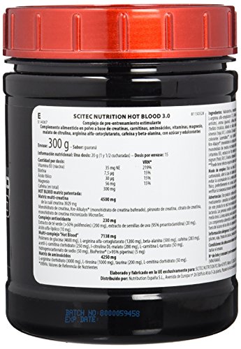 Scitec Nutrition Hot Blood 3.0 Complejo estimulante de pre-entrenamieto, sabor guaraná - 300 g