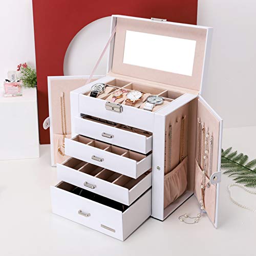 Seelux Caja de joyería 4 cajones Caja para Joyas, con Espejo, para Pendientes, Pulseras, Anillos, Almacenamiento y Expositor, Relojes, Gafas, Bloqueable Blanco