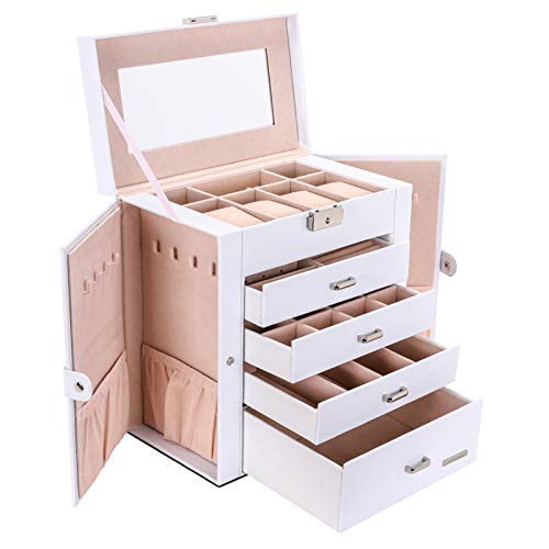 Seelux Caja de joyería 4 cajones Caja para Joyas, con Espejo, para Pendientes, Pulseras, Anillos, Almacenamiento y Expositor, Relojes, Gafas, Bloqueable Blanco Seelux Caja de joyería 4 cajones Caja para Joyas, con Espejo, para Pendientes, Pulseras, Anillos, Almacenamiento y Expositor, Relojes, Gafas, Bloqueable Blanco