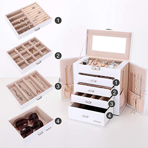 Seelux Caja de joyería 4 cajones Caja para Joyas, con Espejo, para Pendientes, Pulseras, Anillos, Almacenamiento y Expositor, Relojes, Gafas, Bloqueable Blanco Seelux Caja de joyería 4 cajones Caja para Joyas, con Espejo, para Pendientes, Pulseras, Anillos, Almacenamiento y Expositor, Relojes, Gafas, Bloqueable Blanco