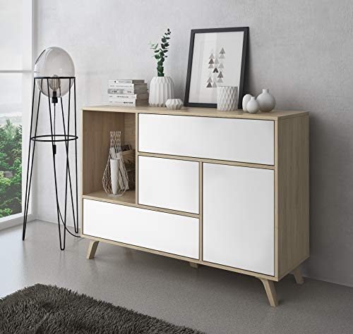 SelectionHome - Mueble Aparador de Salon Comedor 1 Puerta y 3 cajones, Buffet, modelo Wind, Color Puccini y Blanco, Medidas: 120 cm (largo) x 40 cm (fondo) x 85,6 cm (alto) SelectionHome - Mueble Aparador de Salon Comedor 1 Puerta y 3 cajones, Buffet, modelo Wind, Color Puccini y Blanco, Medidas: 120 cm (largo) x 40 cm (fondo) x 85,6 cm (alto)