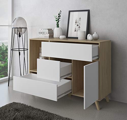 SelectionHome - Mueble Aparador de Salon Comedor 1 Puerta y 3 cajones, Buffet, modelo Wind, Color Puccini y Blanco, Medidas: 120 cm (largo) x 40 cm (fondo) x 85,6 cm (alto) SelectionHome - Mueble Aparador de Salon Comedor 1 Puerta y 3 cajones, Buffet, modelo Wind, Color Puccini y Blanco, Medidas: 120 cm (largo) x 40 cm (fondo) x 85,6 cm (alto)