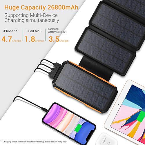 Sendowtek Cargador Solar Móvil 26800mAh Power Bank 4 Paneles Solares Cargador Plegables Batería Externa Banco de Energía Portátil 2 Puertos USB LED Linterna para Camping, Viajes, Emergencia