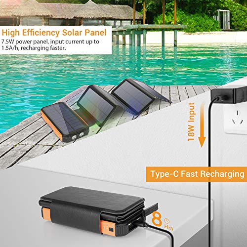 Sendowtek Cargador Solar Móvil 26800mAh Power Bank 4 Paneles Solares Cargador Plegables Batería Externa Banco de Energía Portátil 2 Puertos USB LED Linterna para Camping, Viajes, Emergencia