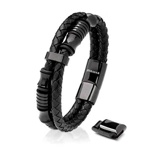 SERASAR 17cm Negro Pulsera de Cuero Hombre Chico Pulseras Hombres Brazalete Brazaletes Pulso Muñequera Muñequeras Bisuteria Bisutería Joyeria Nudos Cuerda Cuerdas Bracelet Men Jewellery Unisex Ancha