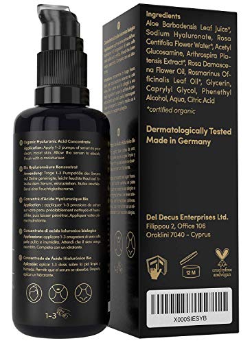 Serum Facial de Acido Hialuronico Puro orgánico - 100ml - Altamente Dosificado y Vegano con Aloe Vera – Uso con Crema Antiarrugas Mujer - Contorno Ojos