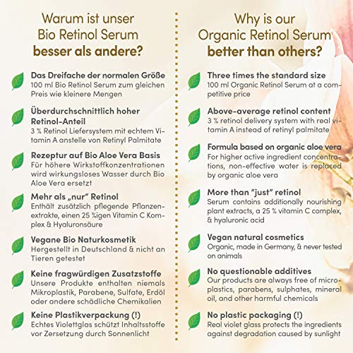 Serum Facial de Retinol ORGÁNICO y Vegano - 100ml - Sistema 3-Retinol de Liberación Sostenida con un Complejo de 25% de Vitamina C, Acido Hialuronico, Aloe vera –Hecho en Alemania Serum Facial de Retinol ORGÁNICO y Vegano - 100ml - Sistema 3-Retinol de Liberación Sostenida con un Complejo de 25% de Vitamina C, Acido Hialuronico, Aloe vera –Hecho en Alemania