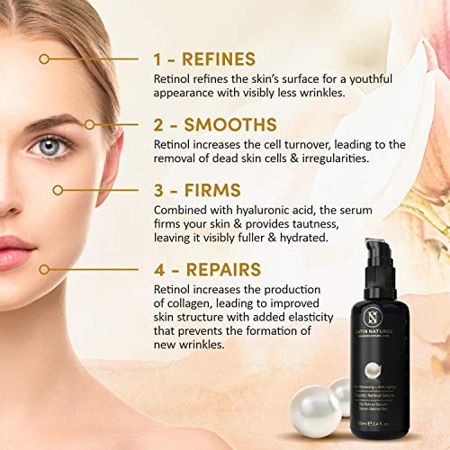 Serum Facial de Retinol ORGÁNICO y Vegano - 100ml - Sistema 3-Retinol de Liberación Sostenida con un Complejo de 25% de Vitamina C, Acido Hialuronico, Aloe vera –Hecho en Alemania