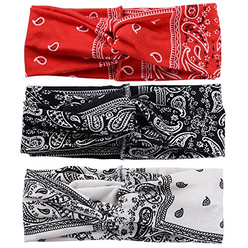 SERWOO 3pcs Diademas Mujer Turbante Elástico Banda Cabeza Nudo Pelo Bohemia Floral Twist para Yoga Fiesta Deporte (Bohemia A)