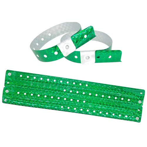 Set de 100 pulseras de plástico/vinilo para eventos, personalizables e impermeables (Holográfica verde)