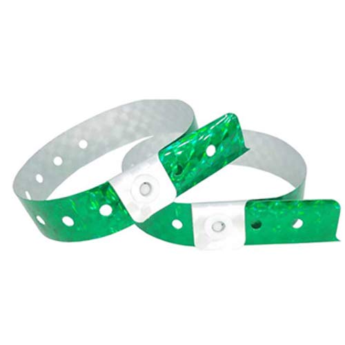 Set de 100 pulseras de plástico/vinilo para eventos, personalizables e impermeables (Holográfica verde)