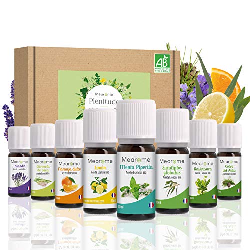 Set de Aceites Esenciales 100% Naturales Bio | Para Humificador Difusor, Aromaterapia | Menta, Eucalipto, Cedro de Atlas, Citronela, Naranja, Limón, Lavandín, Ravintsara | Mearome Fabricado en Francia