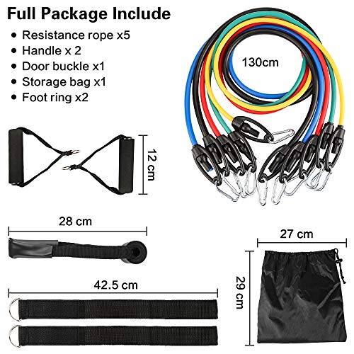 Set de Bandas de Resistencia 11 piezas,Kit de Bandas para Entrenar con 5 tubos/Cubierta Protectora/Manijas/Ancla de Puerta/Correas de Tobillo/Bolsa de Transporte, Adecuado para Fitness, Fuerza,Yoga