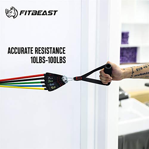 Set de Bandas de Resistencia de FitBeast, bandas elásticas para entrenar con soporte de 100lbs, Kit de Bandas para Entrenar con 5 tubos, 4 Manijas de Hule, Correas para Tobillos, Anclaje para puerta