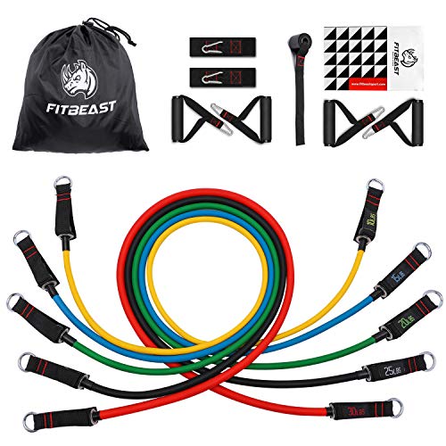 Set de Bandas de Resistencia de FitBeast, bandas elásticas para entrenar con soporte de 100lbs, Kit de Bandas para Entrenar con 5 tubos, 4 Manijas de Hule, Correas para Tobillos, Anclaje para puerta