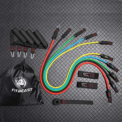 Set de Bandas de Resistencia de FitBeast, bandas elásticas para entrenar con soporte de 100lbs, Kit de Bandas para Entrenar con 5 tubos, 4 Manijas de Hule, Correas para Tobillos, Anclaje para puerta