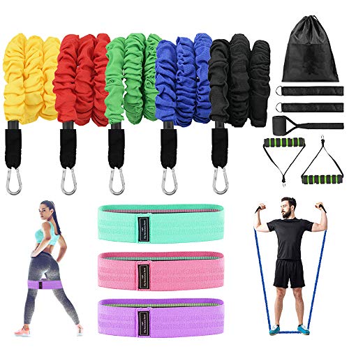 Set de bandas de resistencia,5 Bandas Elasticas Musculacion y 3 cintas gomas elasticas fitness, Adecuado para fitness yoga fisioterapia estiramientos.Gimnasio en Casa piezas kit para hombres/ mujeres