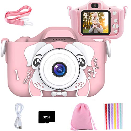 Set de Cámara de Fotos Digital para Niños con Juegos, Cámara Infantil con Tarjeta de Memoria Micro SD 32GB, Cámara Digital Video Cámara Infantil para Niños Regalos deCumpleaños, 1080P (Rosado-Perro