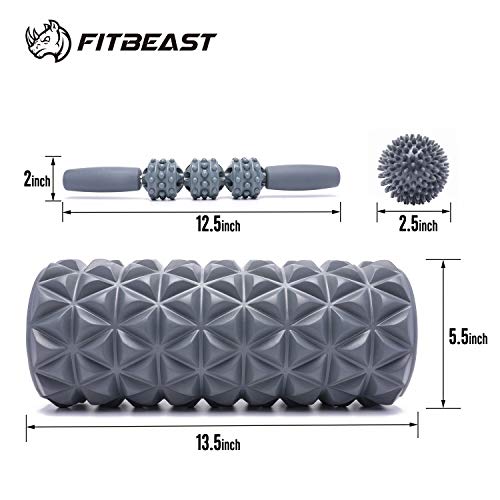 Set de Rodillo de hule 2 en 1 de FitBeast para dar Masajes Profundos, Barra y pelota para dar masajes en Puntos de Dolor, Relajan Músculos Rígidos y Adoloridos, Relajación Profunda, Rehabilitación