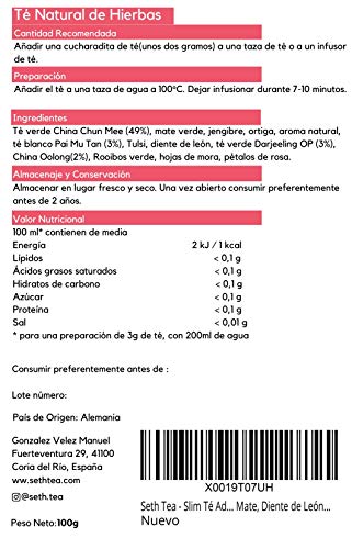 Seth Tea - Slim Té Adelgazante Quemagrasas | Infusión para Perder Peso | 100grs (60 Días) | Acelerador Metabolismo | Quemador de Grasa | Ingredientes Premium Té Verde, Yerba Mate, Diente de León…