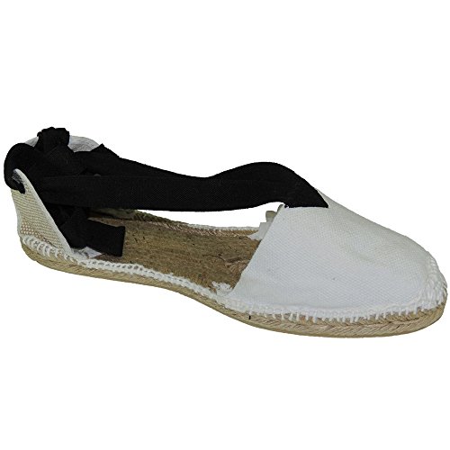 SEVILLA'S VALENC_Llana Zapatilla Alpargata Valenciana Yute Tradicional Fallera Llana 1 Cuerda Folclore Regional Cintas Negras Unisex Blanco Talla 44