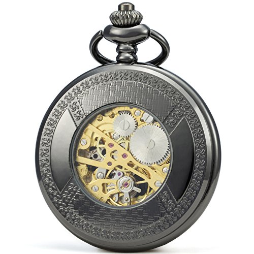 SEWOR - Reloj de Bolsillo clásico, Acabado Liso, Movimiento mecanizado a Mano, Viene en Caja de Regalo de Piel (Negro)