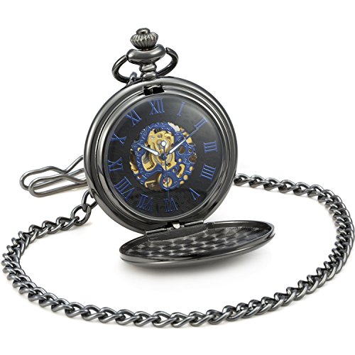 SEWOR - Reloj de Bolsillo clásico, Acabado Liso, Movimiento mecanizado a Mano, Viene en Caja de Regalo de Piel (Negro)