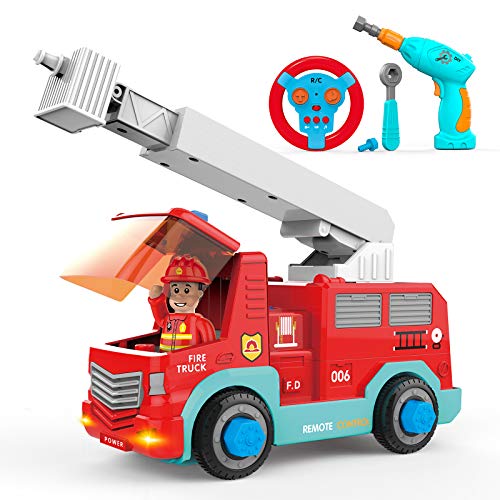 SGILE RC Camión de Bomberos – 2.4Ghz Coche Desmontable para Niños con 3 Sonidos, Luz, Taladro Eléctrico y Llave Inglesa, Vehículo de Construcción de Juguete para Peques