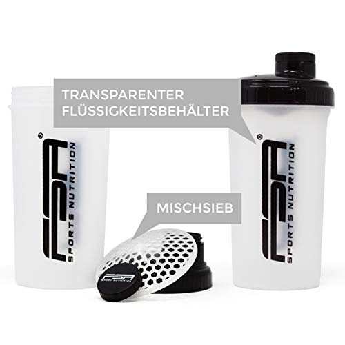 Shaker 700 ml, Preparador de batidos de proteínas y BCAA, libres de BPA y a prueba de vertidos, de la marca de deporte profesional FSA Nutrition - Transparente