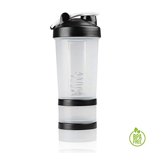 Shaker Gym Bottle | Coctelera para batidos de proteínas con doble compartimento | Sport Protein Mixer Cup sin BPA | Botella mezcladora para gimnasio de boca ancha y con anilla para colgar