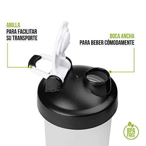 Shaker Gym Bottle | Coctelera para batidos de proteínas con doble compartimento | Sport Protein Mixer Cup sin BPA | Botella mezcladora para gimnasio de boca ancha y con anilla para colgar