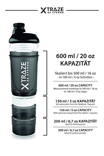 Shaker Proteinas, 600 ml con Compartimento para Protein Polvos 2x = 150 ml + 200 ml, Tamiz para Batidos Cremosos de Proteínas sin Grumos, Gym Bottle Libre de BPA