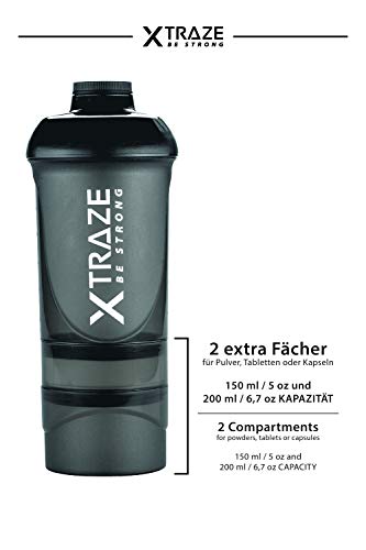 Shaker Proteinas, 600 ml con Compartimento para Protein Polvos 2x = 150 ml + 200 ml, Tamiz para Batidos Cremosos de Proteínas sin Grumos, Gym Bottle Libre de BPA