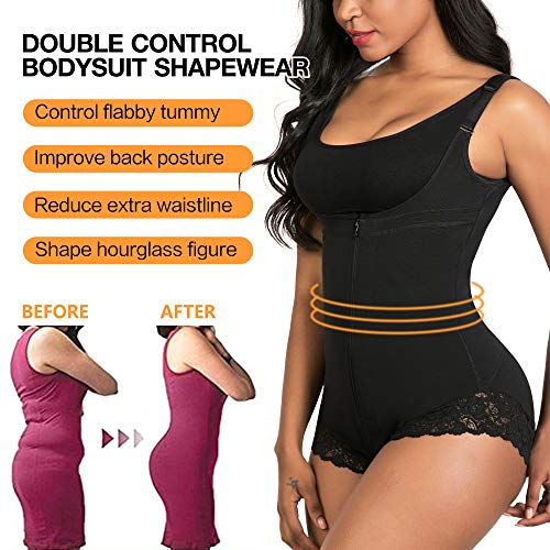 SHAPERX Mujer Bodysuits Underbust Body Shaper Abdomen Adelgazar Cintura Moldeadora Slimming Cremallera de Encaje Shapewear Bajar Peso Negro,UK-DT7200-Black-M