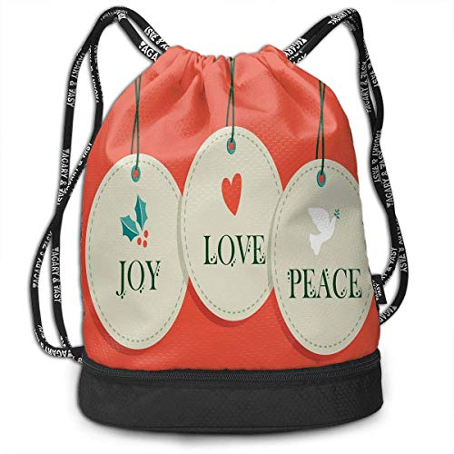 shenguang Kordelzug Rucksäcke Taschen, Freude Liebe und Frieden Worte Anhänger Frohe Weihnachten Feiertag Feier Thema, verstellbar