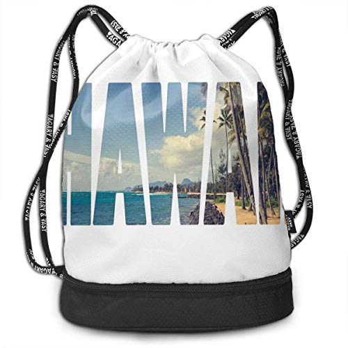 shenguang Kordelzug Rucksäcke Taschen, Wort Hawaii mit tropischen Insel Foto exotische Orte Palm Forest durch Ozean, verstellbar