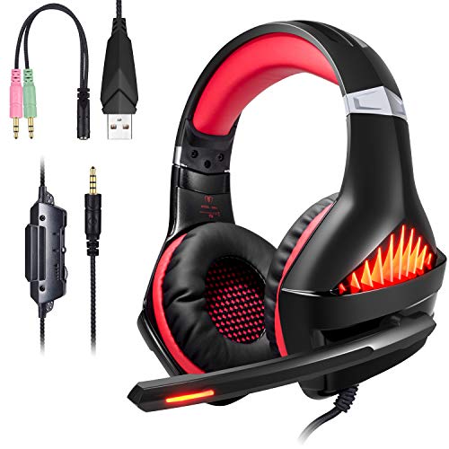 ShinePick Auriculares Gaming, 3.5mm Cancelación De Ruido Gaming Headset, Juego Auriculares con Micrófono para Nintendo Switch Xbox One PS4 Portátil Mac Tablet (Rojo)