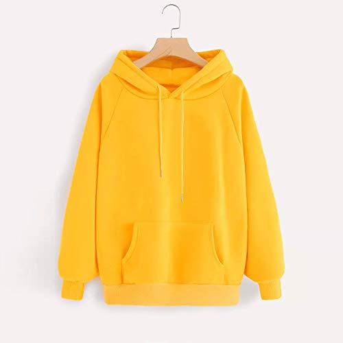 SHOBDW LiquidacióN Venta Moda para Mujer Sudadera con Capucha Pullover Blusa con Bolsillo SóLido Flojo OtoñO Invierno Manga Larga para Mujer Tops(Amarillo,2XL)