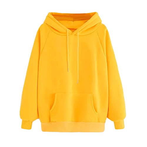 SHOBDW LiquidacióN Venta Moda para Mujer Sudadera con Capucha Pullover Blusa con Bolsillo SóLido Flojo OtoñO Invierno Manga Larga para Mujer Tops(Amarillo,2XL)