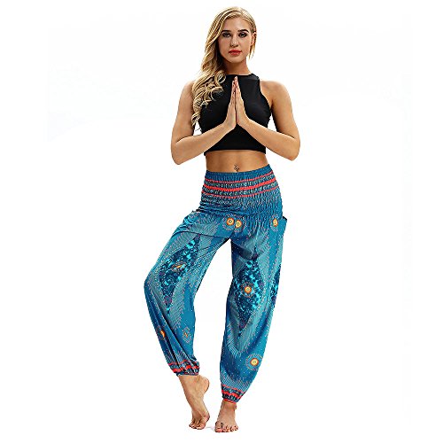 SHOBDW Mujer Hombre Pantalón Capri Moda Casual Suelta Elástica Cintura Pantalones Deportivos Hippy Pantalones de Yoga Baggy Colorido Aladdin Boho Harem(Azul Cielo)