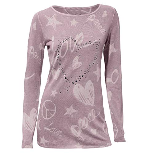 SHOBDW Mujeres Camiseta de Manga Larga con Cuello Redondo y Camisa Impresa Moda Casual Primavera Otoño Blusa Algodón Suelto Tops Sudadera Pullover Camiseta Elegante(Rosado,M)