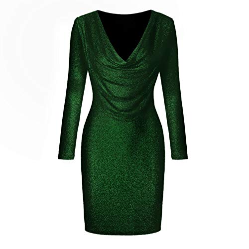 SHOBDW Mujeres de Manga Larga sólido Arco Casual Bolsillo Elegante Verano Ladies Club Fiesta de Noche Mini Vestido(Verde,M)